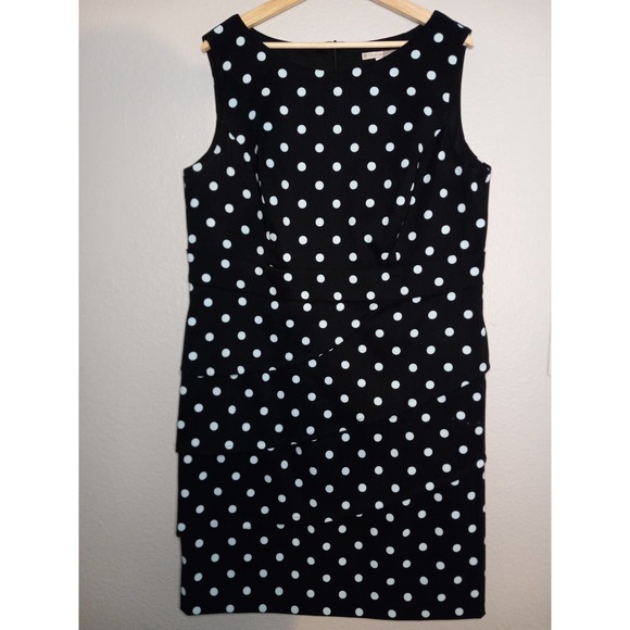 Signature Sabrina Formal Career Pencil Polka Dot Sleeveless Black Blue 16W Dress - Picture 2 of 11